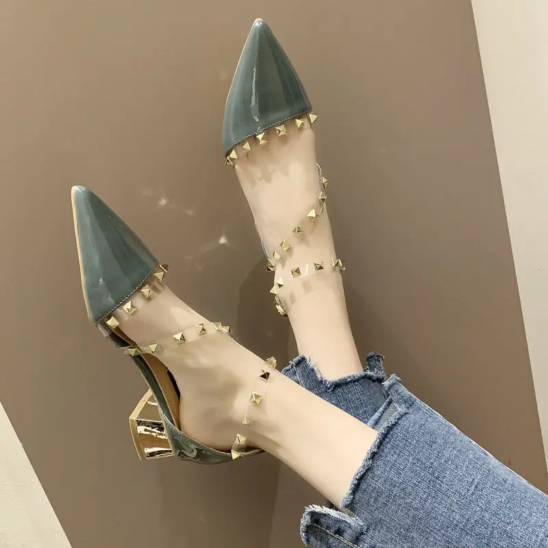 

Apanzu New Women's shoes women pumps summer pointed high-heeled rivet single shoes was thin buckle women's party office shoes