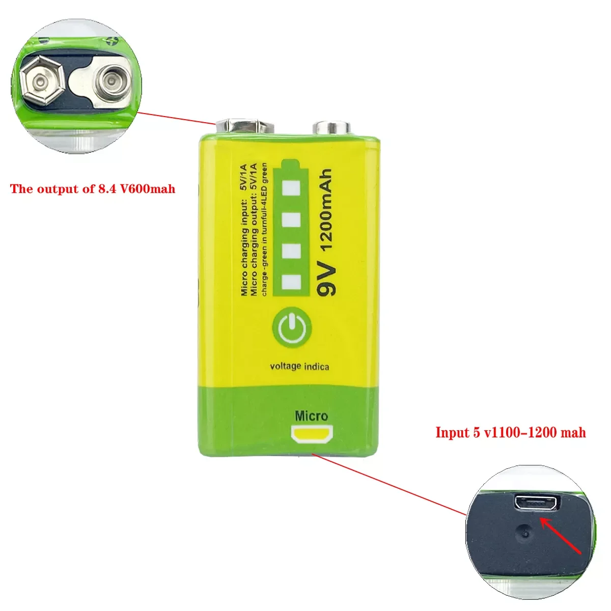 

6F22 Micro USB 9V 1200mAh rechargeable lithium ion battery for smoke alarm wireless microphone Guitar EQ Intercom Multimeter