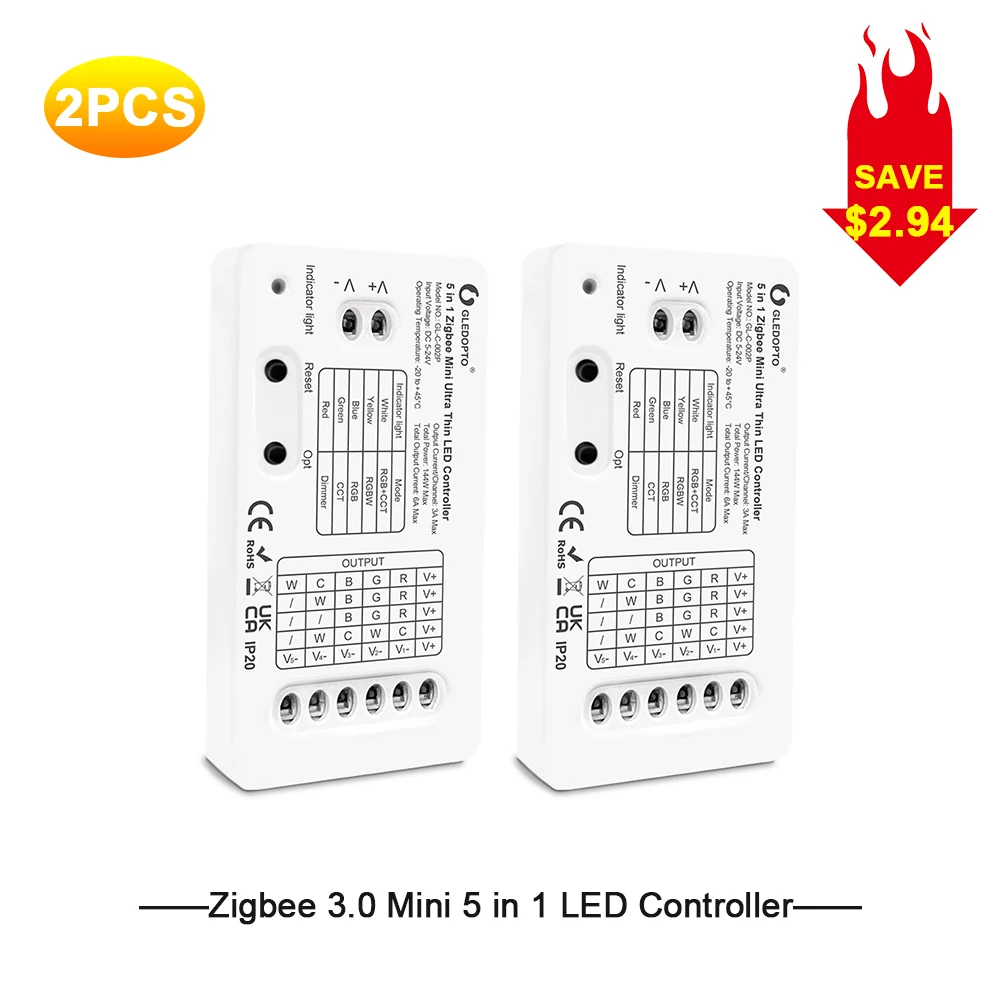 

GLEDOPTO Zigbee3.0 DC5-24V умный мини 5-в-1 ультратонкий RGBCCT/RGBW/RGB/WWCW/Диммер Светодиодная лента контроллер работает с H/UE Tuya Alexa