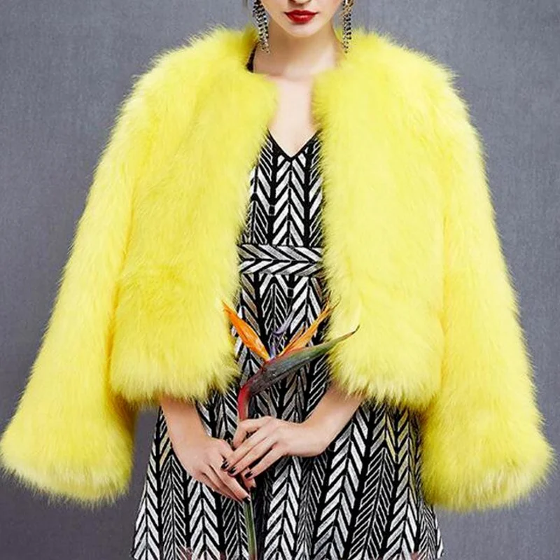 Woman Winter Coats and Jackets Winter Faux Fur Coat Fox Fur Coat Winter Short Warm Fox Fur Round Neck Long Sleeve Stitching Coat