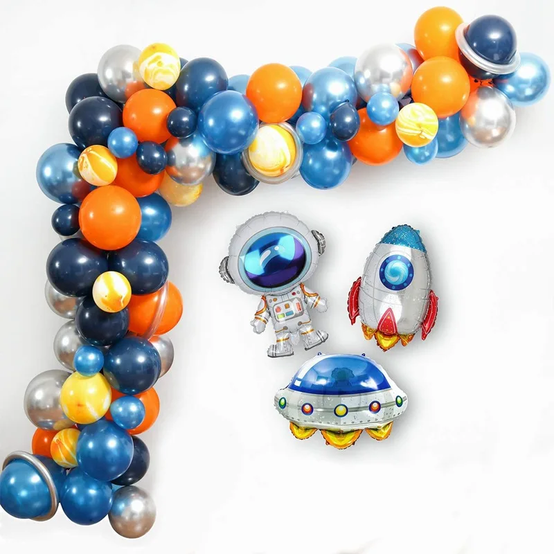 

SURSURPIRSE Space Theme Blue Sliver Balloon Garland Arch Kit Astronaut Rocket Foil Balloon for Boy Birthday Baby Shower Supplies