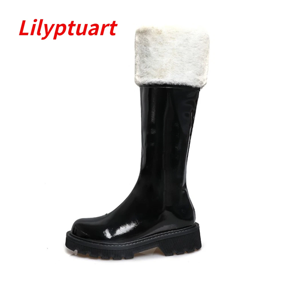 LILYPTUART Mid-calf Boots Women, 2022 Winter Fashion Sexy Warm High-end Luxury Designer Thick-bottomed Flat Fake Fur Shoes 42 43