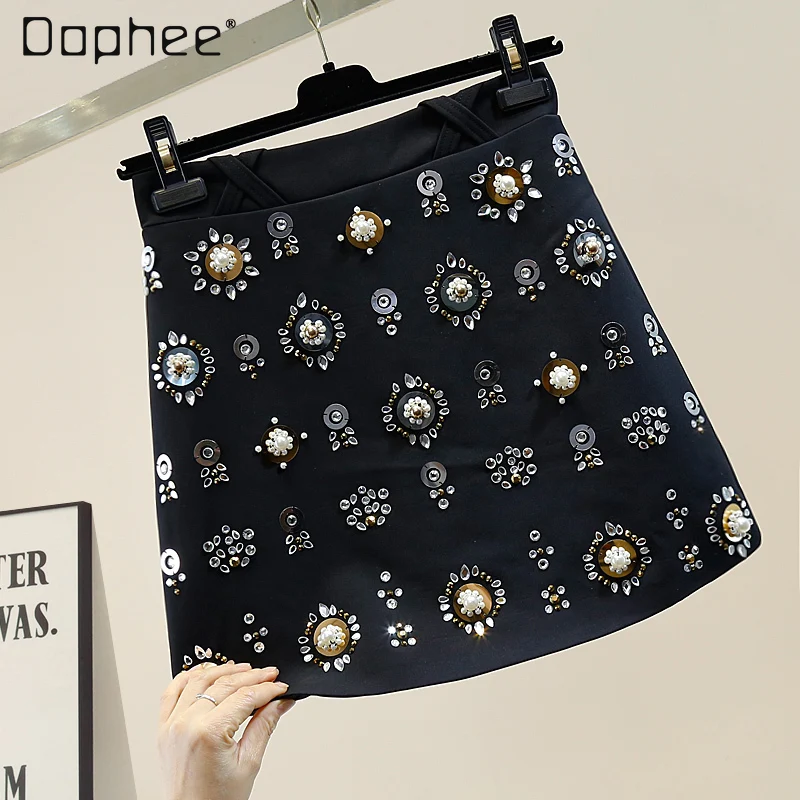 

Women Fashion Bead Sequin Flower Short Skirt with Rhinestone Korean-Style Slimming Black A-Line Slim-Fit Mini Skirts High Waist