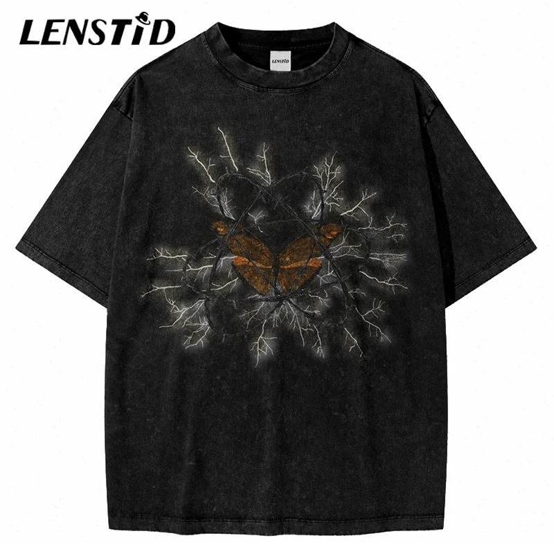 

Summer Men Washed Heavy Oversize Tshirts Hip Hop Butterfly Lightning Graphic T Shirts Streetwear Harajuku Casual Cotton Top Tees