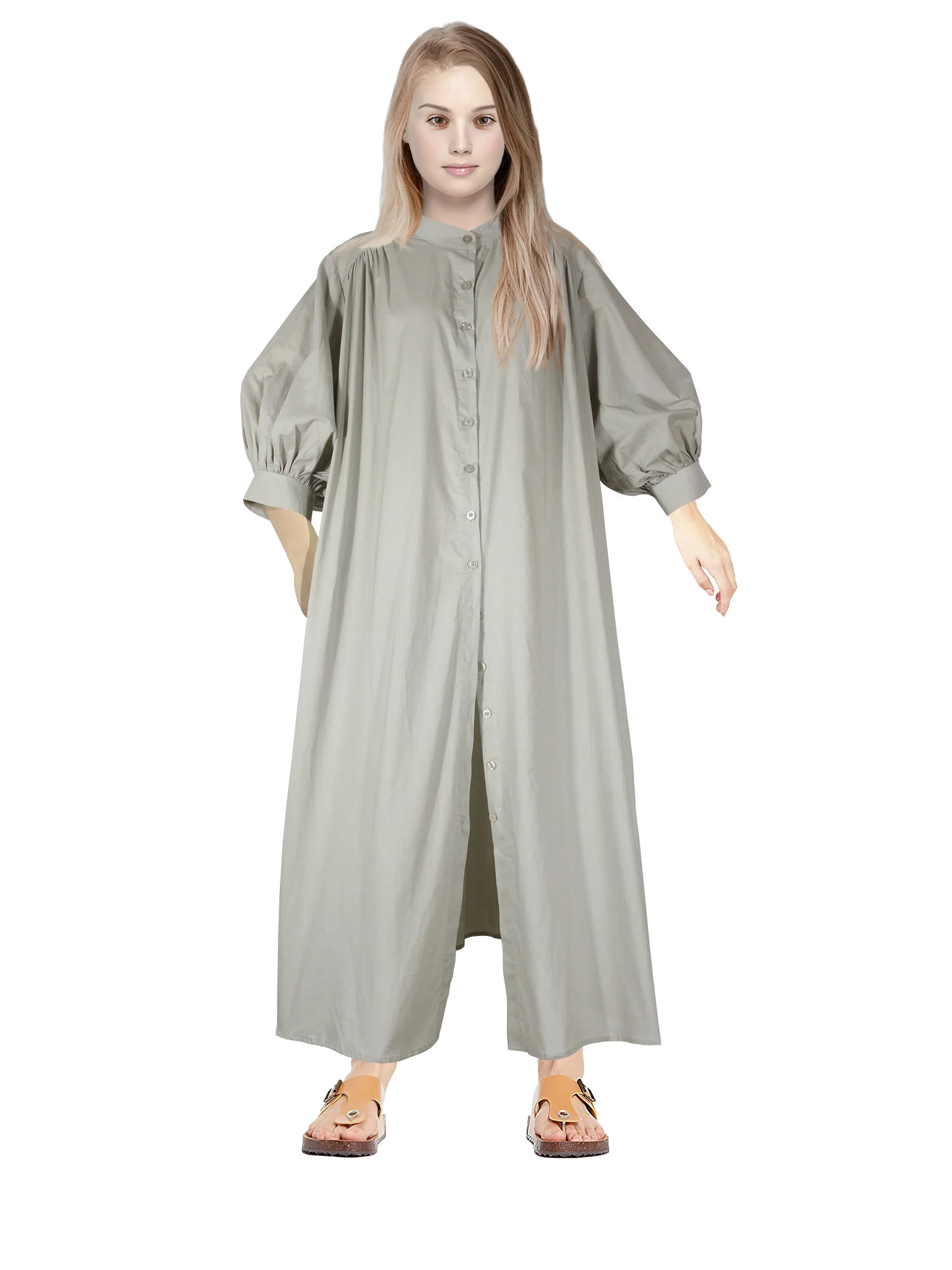 

Vintage style Lantern Sleeve Women's Robe Long Dress Mandarin Collar Single Breasted Summer Loose Fit lady Dresses