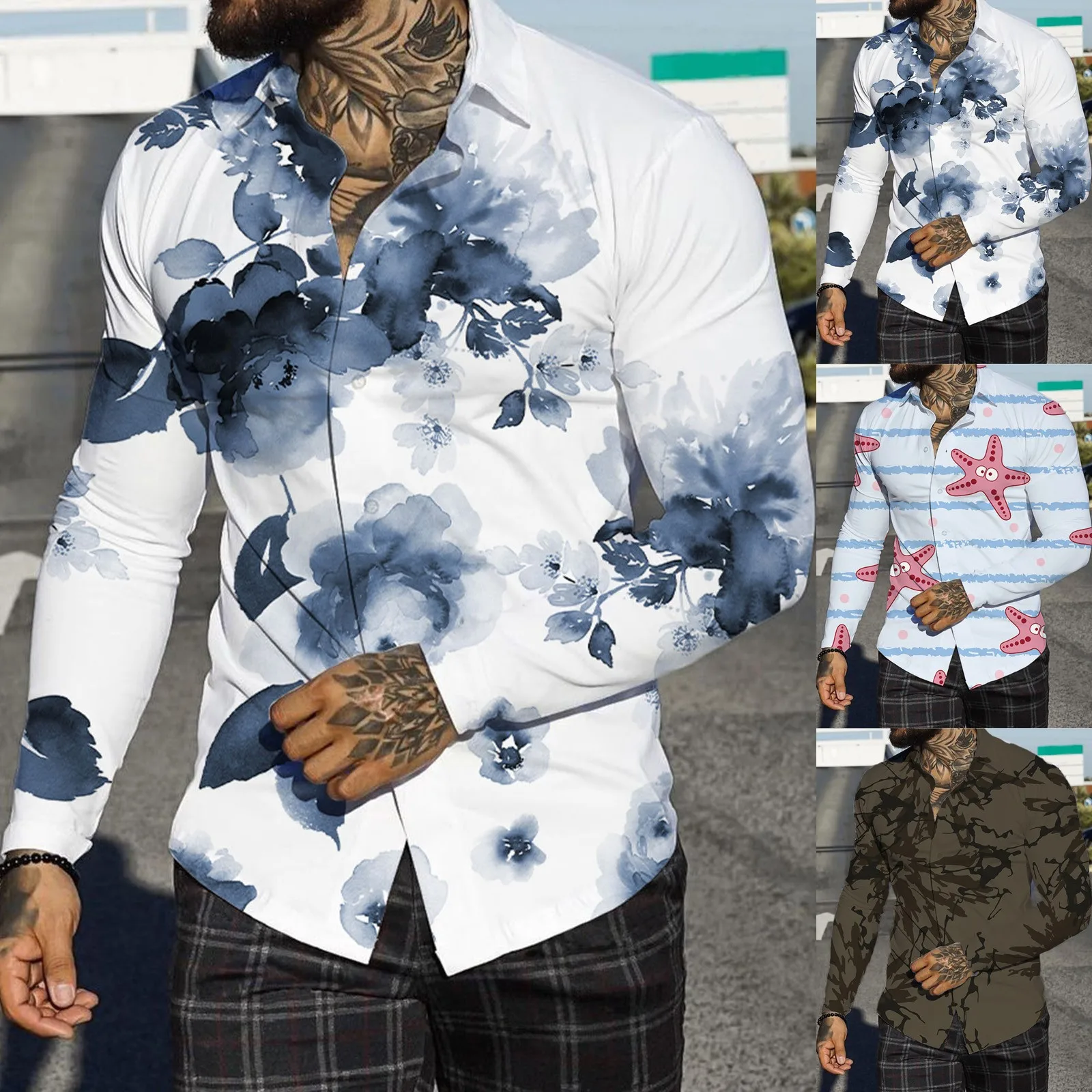 

Men Autumn Winter Single Breasted Casual Lapel Full Print Beach Long Sleeve Vacation Outdoor Holiday Shirt Button Crotch Shirt