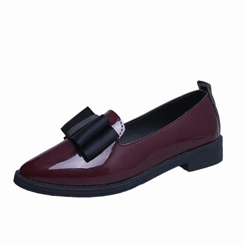 Spring Autumn Women Shoes Bowtie Loafers Patent Leather Women's Low Heels Slip On Footwear Female Pointed Toe Thick Heel