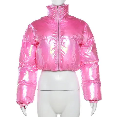 Милая Женская Блестящая розовая куртка-пуховик из искусственной кожи с высокой талией, облегающие Пузырьковые пальто, пушистая укороченная куртка, парки, пуховые куртки на осень и зиму