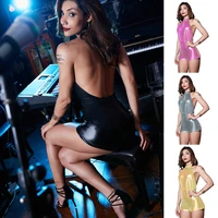 2022 backless pu leather shiny jumpsuits women turtleneck hollow rompers open bust bodysuit dance wear sexy leotard party club