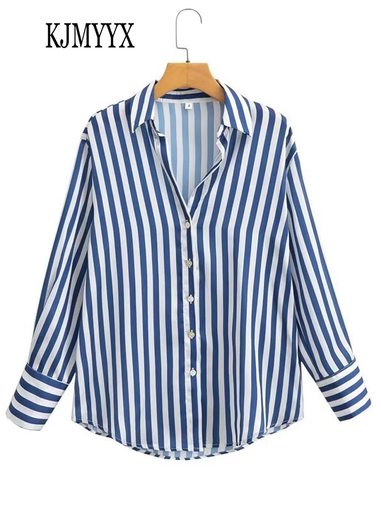 

KJMYYX New Summer Women Fashion Striped Long Sleeve Blouse 2023 Woman Casual Single Breasted Loose Shirts Female Elegant Tops
