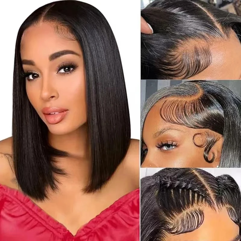 YIJIMEI 13x4 Фронтальный Боб Парик Черный Короткий Шнурка С Человеческими Волосами