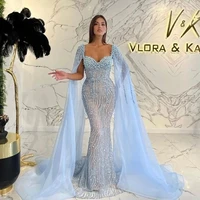 2022 sky blue crystals evening dresses sleeveless elegant sweetheart tulle beads formal party women evening gown mermaid