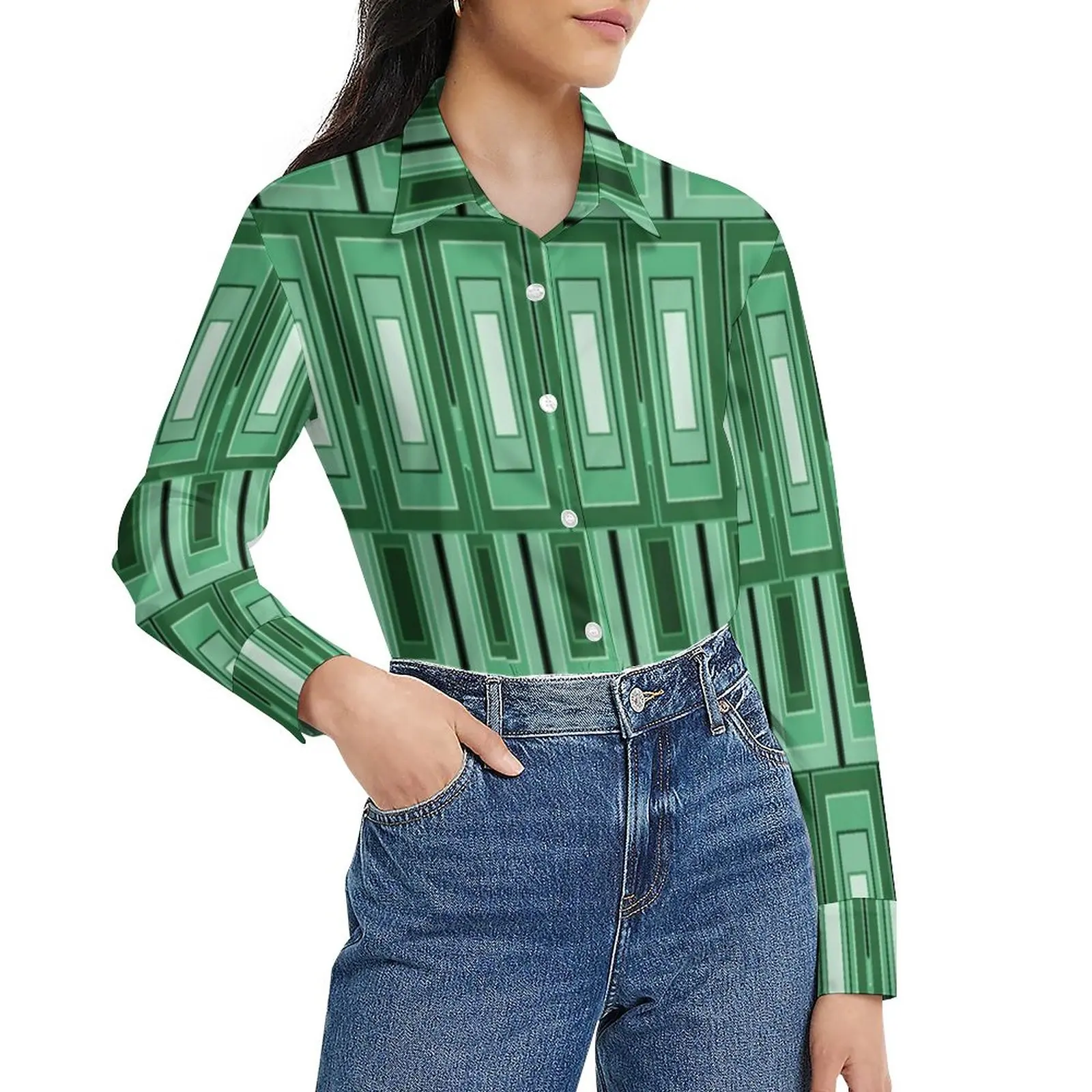 

Mid-Century Panton Art Loose Blouse Green Rectangles Casual Oversized Blouses Female Long-Sleeve Cute Shirt Summer Custom Top