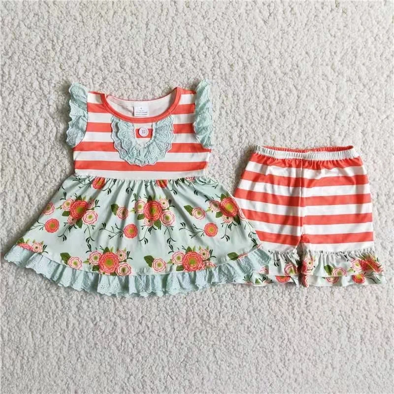 

children girl clothing summer kids clothing set sleeveless floral tunic and stripe shorts baby girl 2 pcs outfit