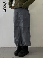 yikuo gray casual baggy loose size cargo skirts womens big pockets streetwear drawstring hem low waist hippie long skirt 2022