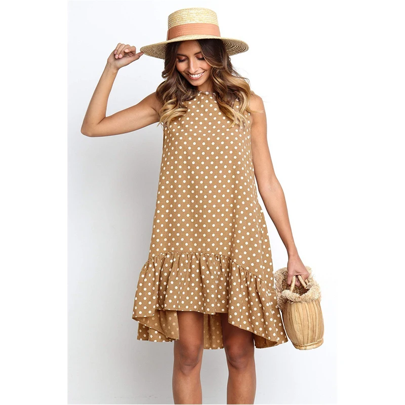 

Ladies New Summer Knee-length Skirt Solid Color Round Neck Polka Dot Printed Ruffled Irregular Casual Loose Bohemian Style Dress