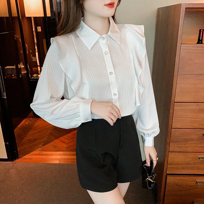 Новая женская рубашка с длинным рукавом и отложным воротником шифоновая блузка в