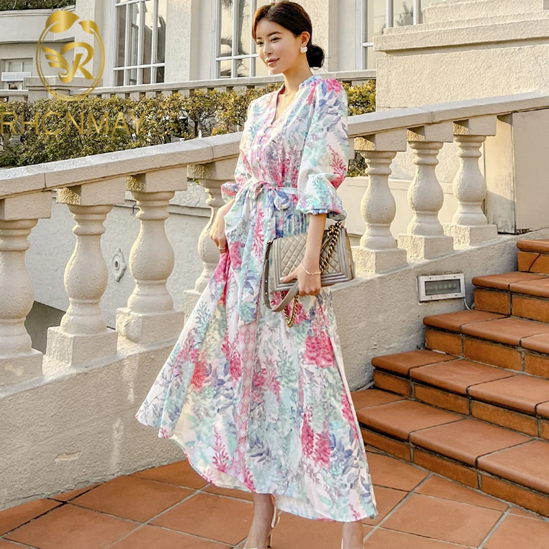 

Vintage Flower Print Long Dress Women High Waist Hip Sashes Loose Vestidos V Collar Lantern Sleeve Pearl Button Robe Spring New