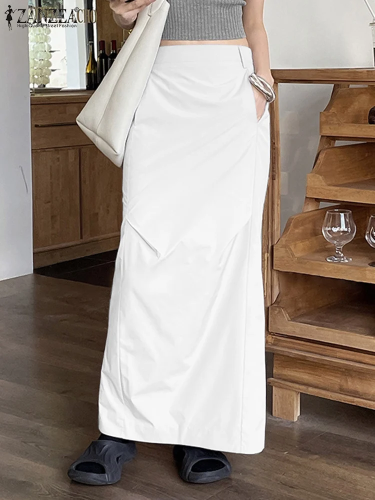 

Осень 2023, однотонная уличная Корейская юбка ZANZEA с высокой талией, женские модные прямые юбки, винтажные длинные юбки макси с разрезом на подоле