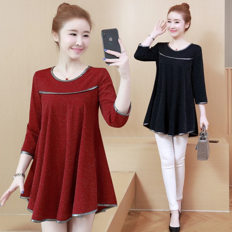 

Middle-Aged Women's Tops Black 2022 Spring New Style Ladies Round Neck Commuter Red Wine Pullover Women Loose Q408