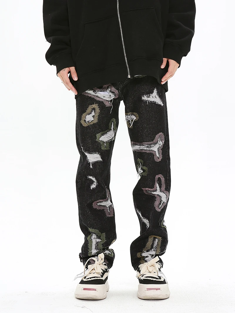 Harajuku Destroy Ripped Holes Denim Jeans Mens Zipper Jeans Hip Hop Fashion Streetwear New Casual Straight Joggers Jean Pants