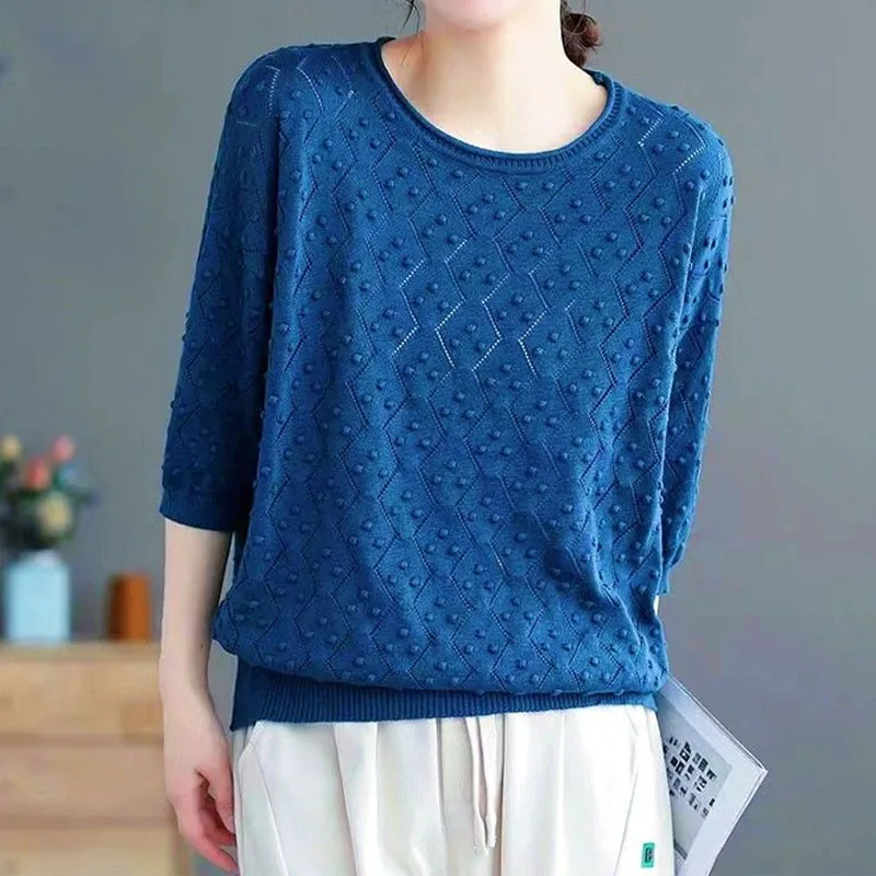 Женский Однотонный пуловер с полурукавами повседневный винтажный круглым