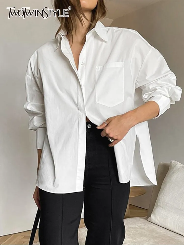 

TWOTWINSTYLE Minimalist Solid Shirts For Women Lapel Long Sleeve Patchwork Single Breased Loose Blouse Female Fashion Clothing
