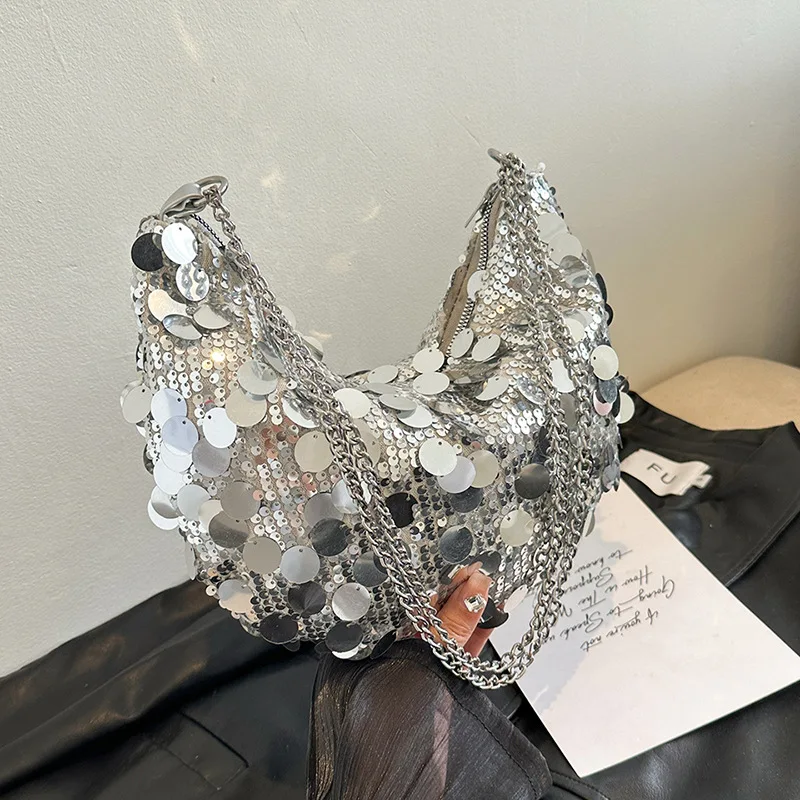 Женские сумки с блестками и полумесяцем Женская Серебристая сумка дизайнерские