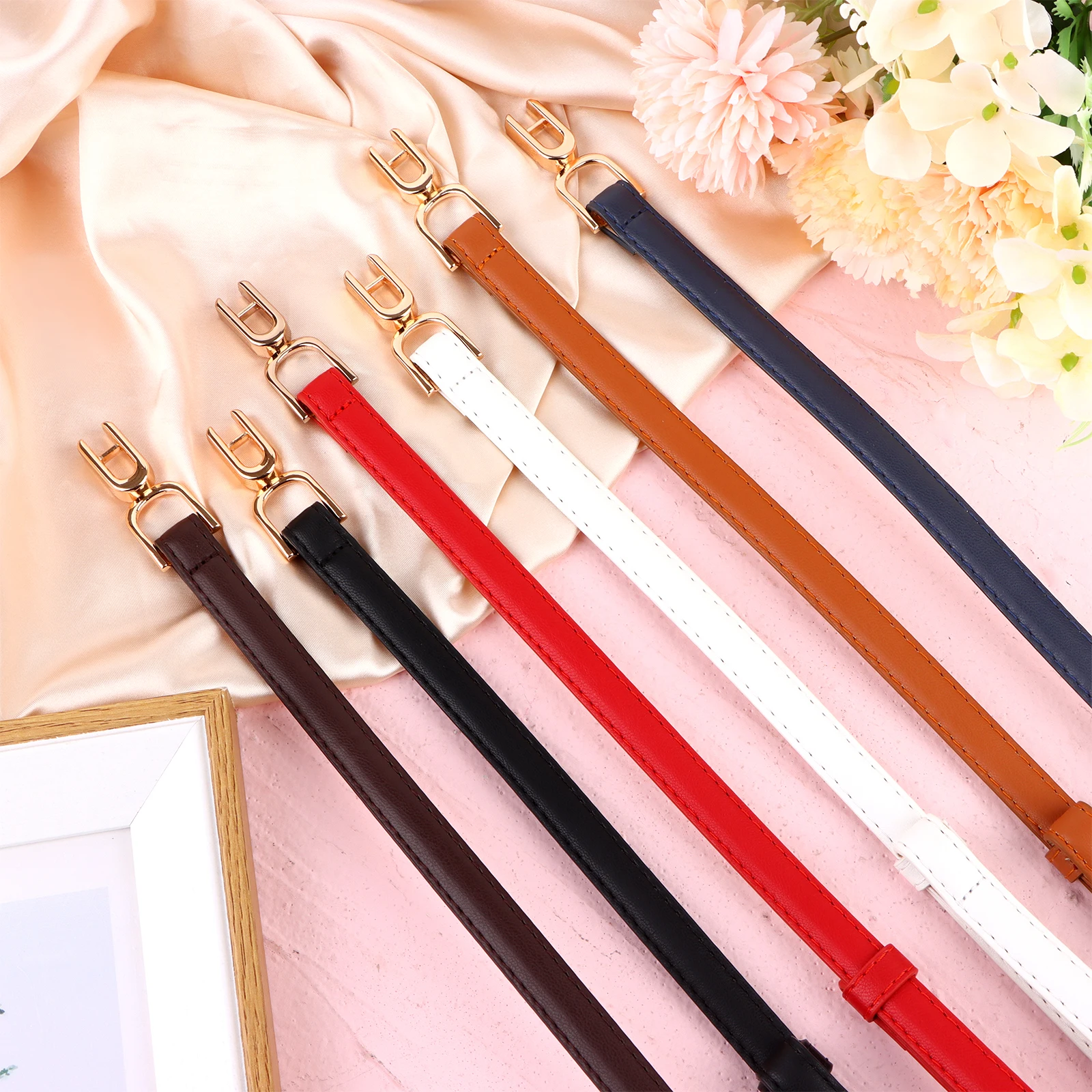 

6Pcs Womens Thin Belts Women Skinny PU Leather Belt Adjustable Thin Waist Belt