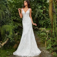 elegant v neck lace wedding dress mermaid fashion appliques backless bride gown sleeveless zipper customized vestido de novia