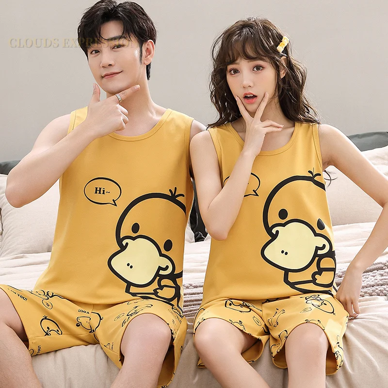 Summer Knitted Cotton Cartoon Duck Mens Pajama Sets Men's Sleep&Lounge Sleeveless Shorts Pants Couple Pajamas Fashion Homewear