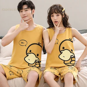 Summer Knitted Cotton Cartoon Duck Mens Pajama Sets Men's Sleep&Lounge Sleeveless Shorts Pants Coupl