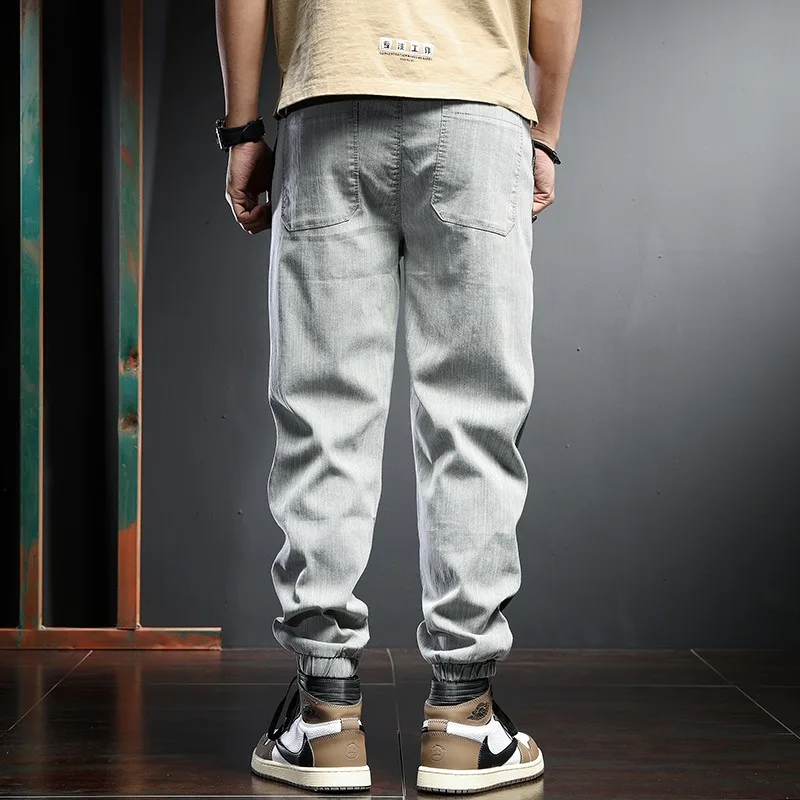Summer Jeans Men Joggers Pencil Pants Streetwear Fashion Patchwork Gray Black Elastic Waist Drawstring Denim Trousers