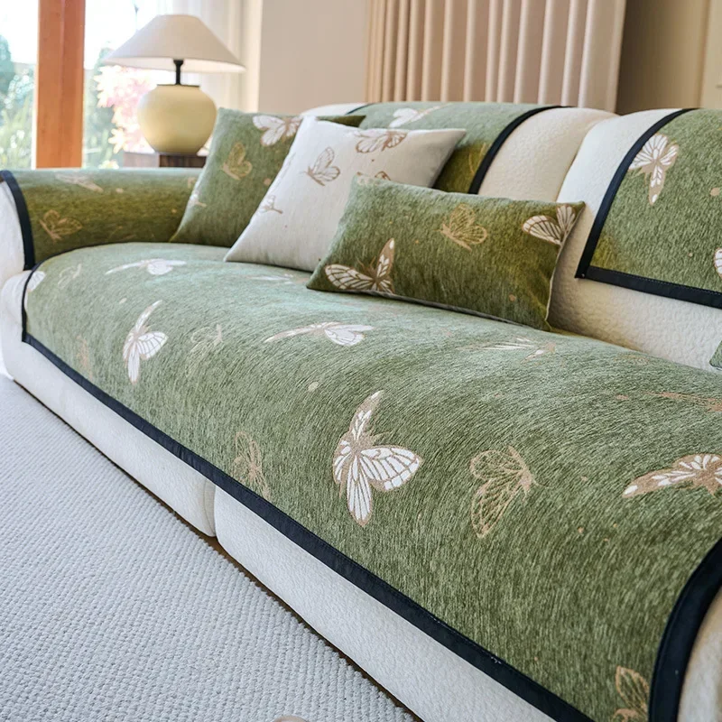 Modern Chenille Sofa Cover Butterfly Embroidery Cushion Four Season Universal Couch Mat Living Room Anti-slip