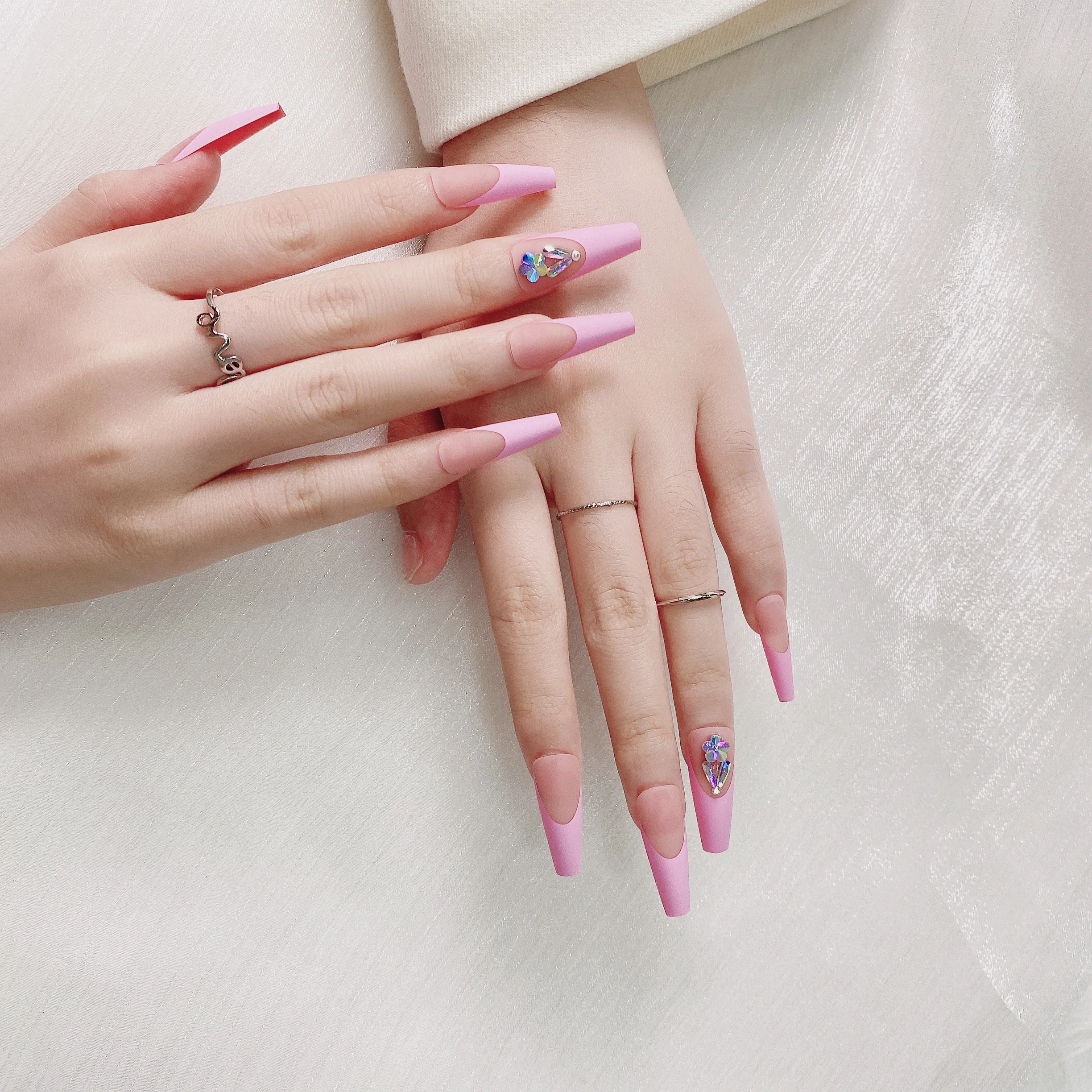 

24 шт., накладные ногти для французского ношения с клеем, цветочные украшения Стразы, длинные гробы, искусственные ногти