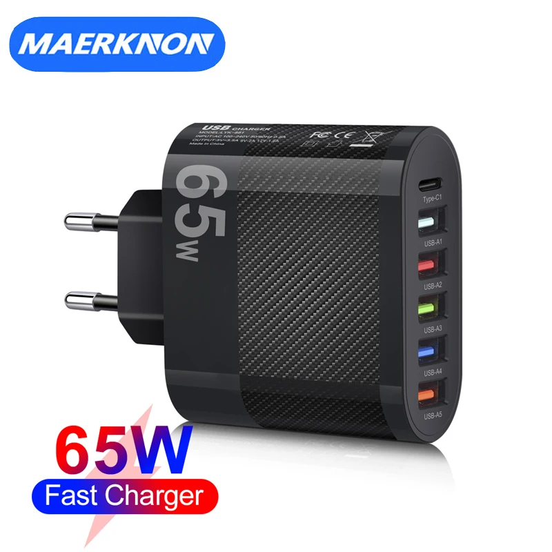 PD 65W Six Port USB Charger Quick Charging Type C Charger Fast Charger For IPhone 13 14 Pro Xiaomi Samsung Phone Charger Adaptor