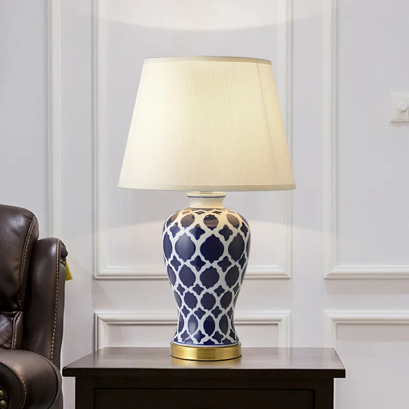 Керамическая Настольная лампа, американская ручная роспись, сине-белая прикроватная лампа для дома, гостиной, кабинета, спальни, настольная...