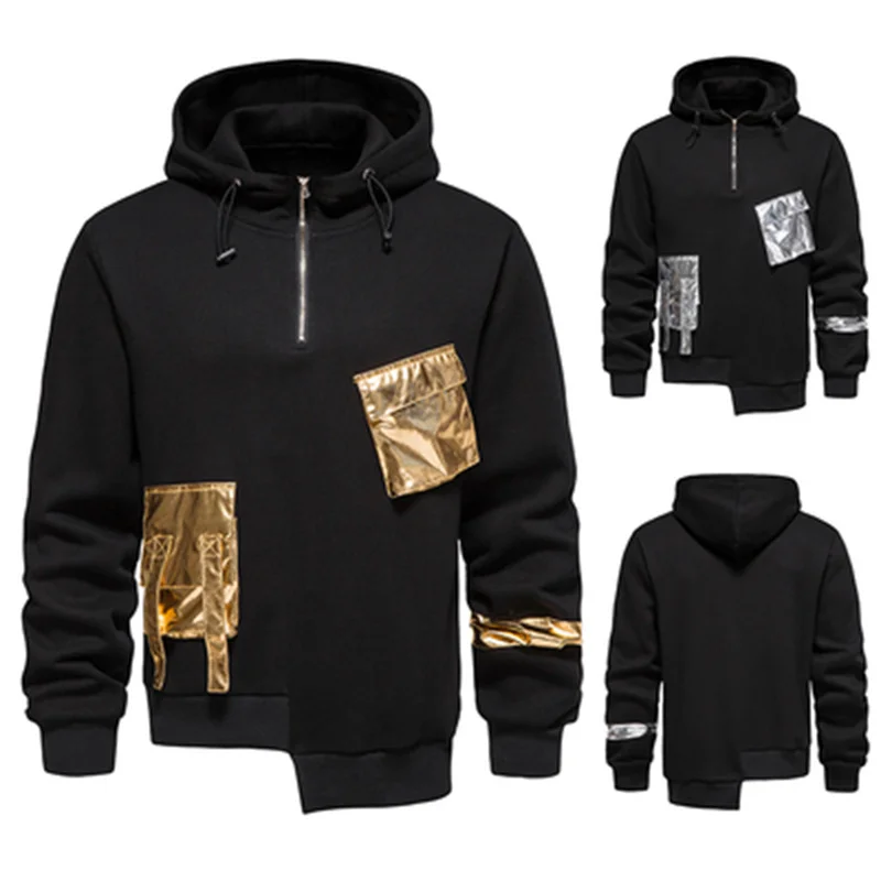 Shiny Gold Men'S Hoodie Irregular Large Pocket Dark Black Student Coat Hip Hop Performance Casual And Versatile