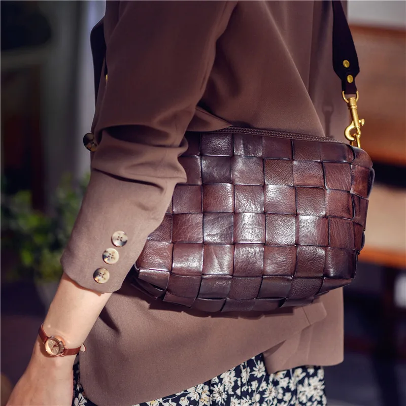 Designer luxury natural genuine leather woven women's crossbody bag outdoor casual high quality real cowhide female shoulder bag