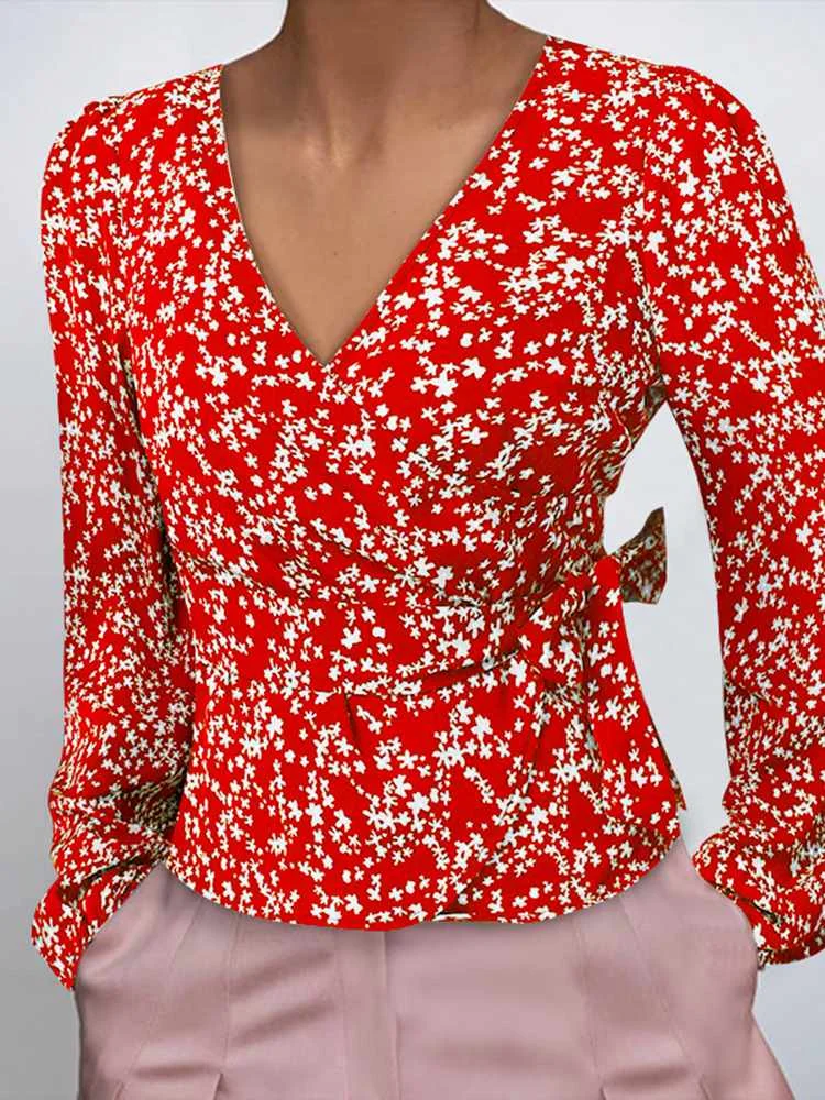 

Women Blouse 2022 VONDA Sexy Deep V Neck High Waist Peplum Top Casual Floral Printed Tunic Blouse Elegant Office Shirts Female