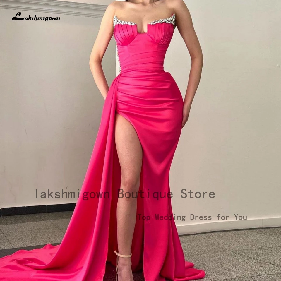 

Lakshmigown Роскошные ярко-розовые арабские вечерние платья для девушек 2023 атласные длинные вышитые бисером платья с высоким разрезом сбоку