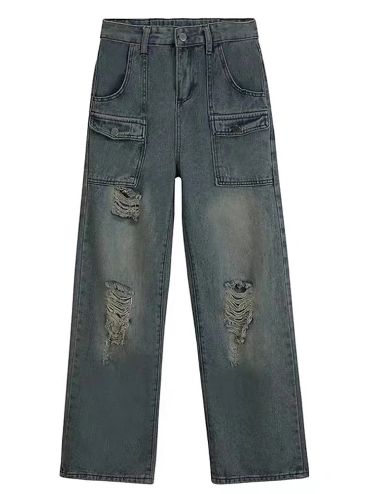 

Ripped Jeans Women 2022 High Street Retro Pocket Button Straight Trousers High Waist Thin Loose Casual Wide Leg Pants Female