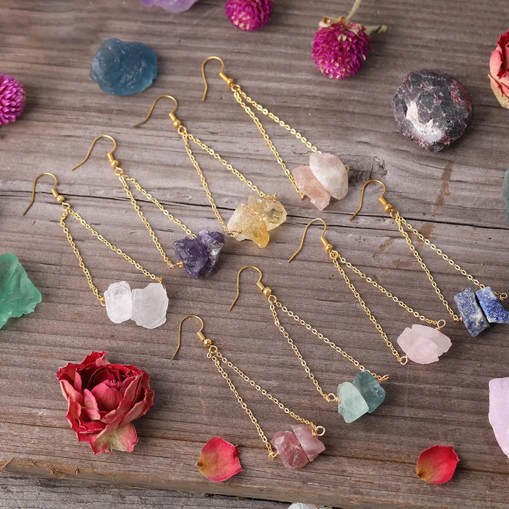 

Rough Quartz Beads Dangle Earrings Natural Stone Amethysts Irregular Raw Crystal Reiki Women Necklace Pendant