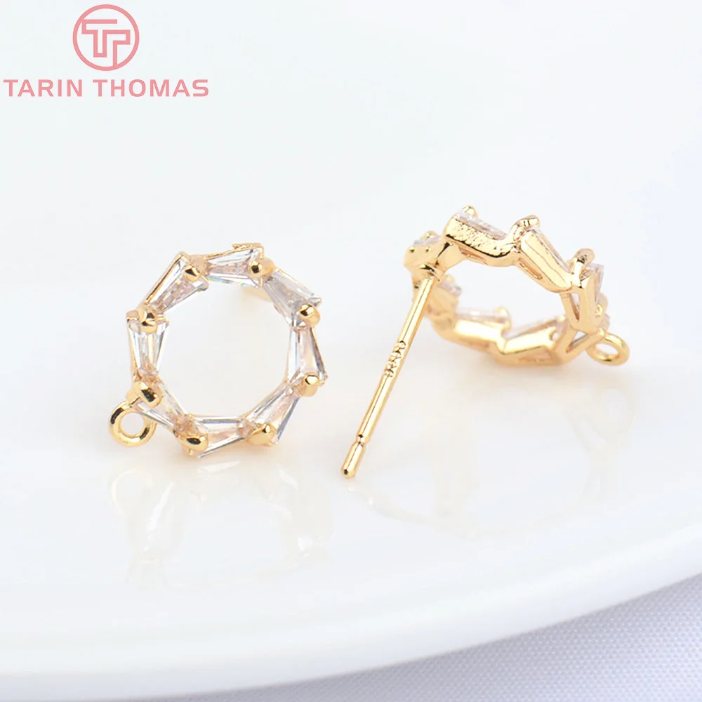 

(4920)4PCS 10.5MM Hole 1MM 24K Gold Color Plated Brass with Zircon Round Stud Earrings Diy Jewelry Findings Accessories