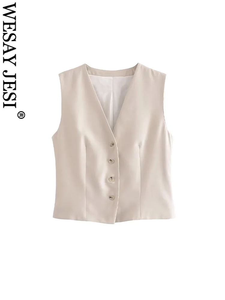 

TRAF 2023 Summer Chic Vests Woman's Trendy Solid Color V-Neck Sleeveless Single Breasted Female New Fashion Casual Vests