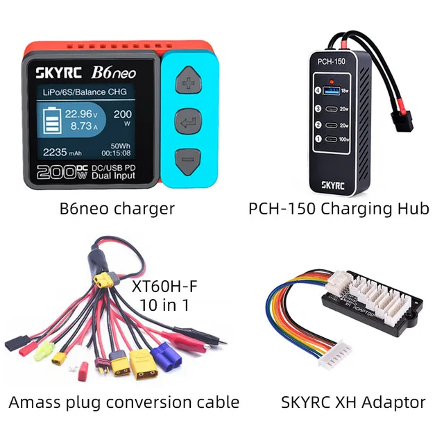 SkyRC B6neo blue + PCH150 Charging Hub + XT60 8in1 wire connector + XH adaptor