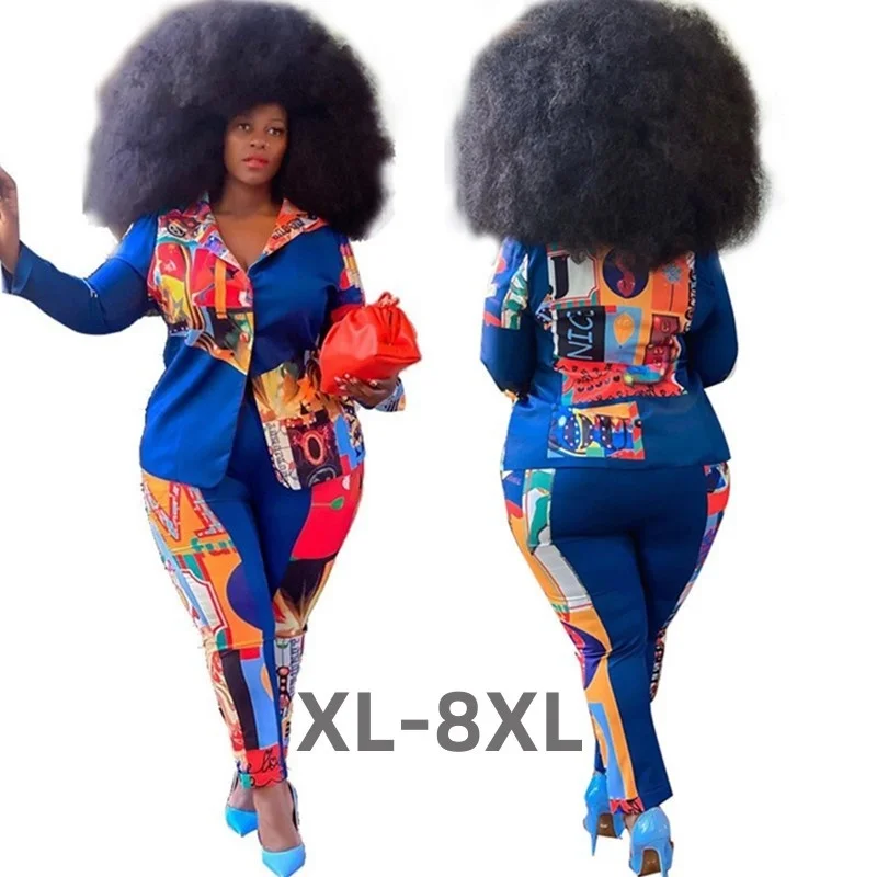 Plus Size Clothing Two Piece Set Women Print Jacket Shirt Pants Outfit Office Ladies Fall Winter Whole 3xl 4xl 5xl 6xl