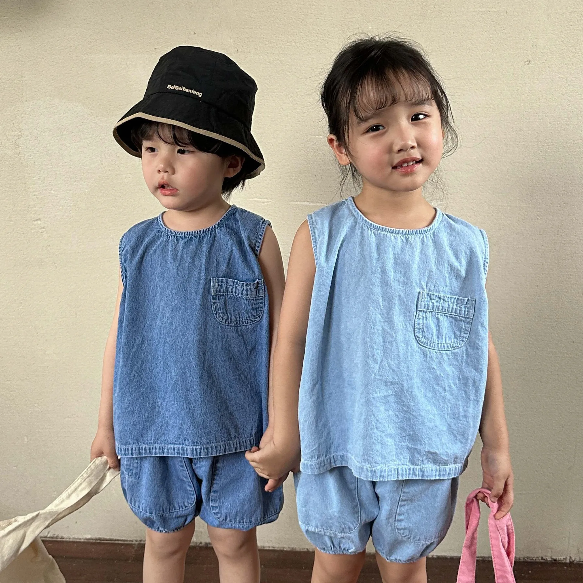 

Two-piece Children's Korean 2023 Girls Denim Vest Set And Summer Soft Suit Casual New +short Suit Boys For Clothing