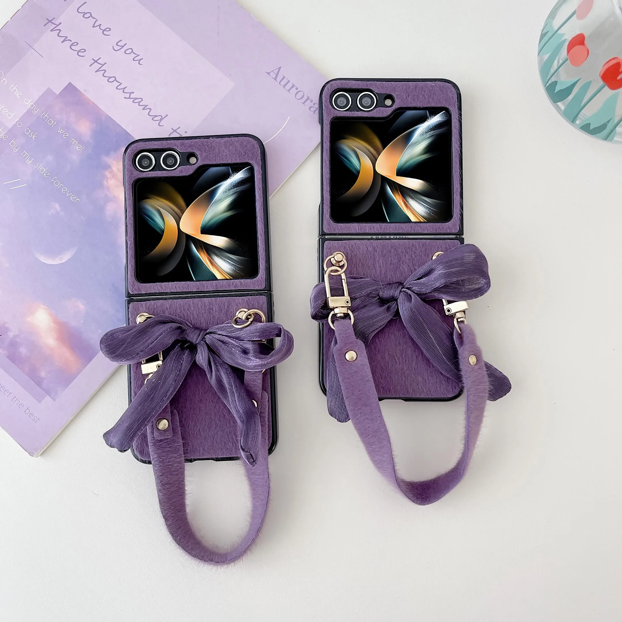 

Plush Leather Bow Tote Wrist Strap Case for Samsung Galaxy Z Flip 5 5G Flip5 Fashion Solid Color Korea Anti-Scratch Cover