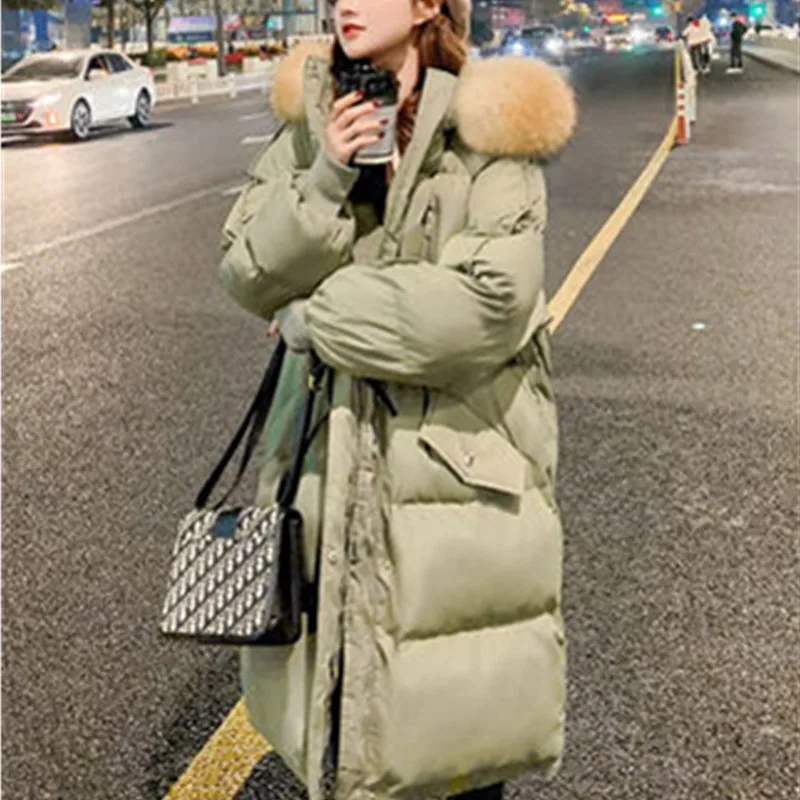 2021 Winter Women's Coat Down Jacket Thicken Long Hooded Padded  Coats Female Oversize Loose Wadded Warm Down Cotton Parka Green